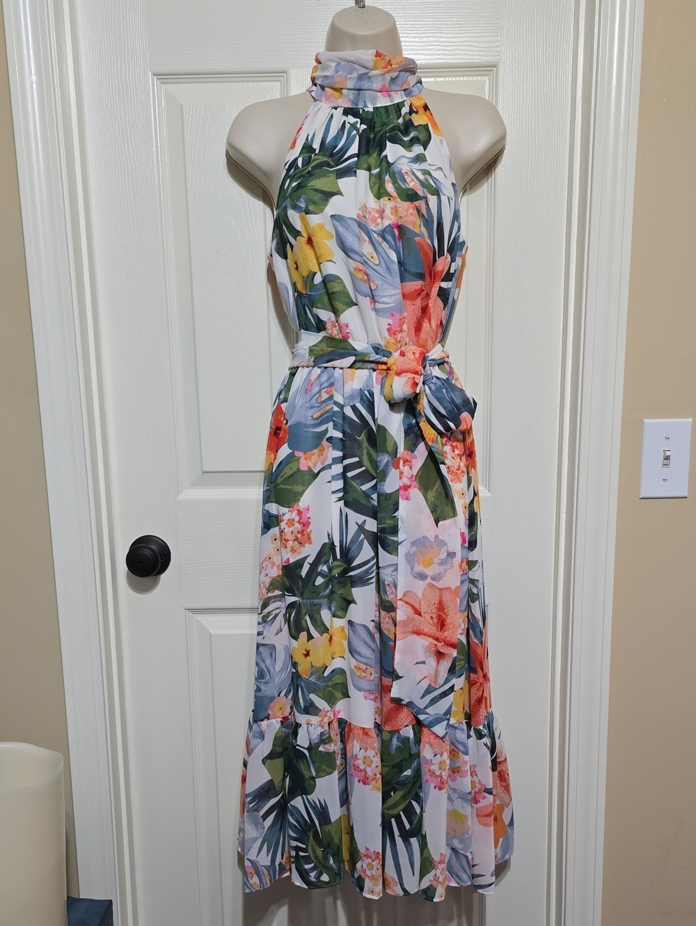 Eliza J White Halter Maxi Dress with Multi-Color Floral Print